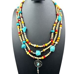 Multi-Color Beaded Necklace Three Layers Sterling Silver Lobster Claw Clasps 18”